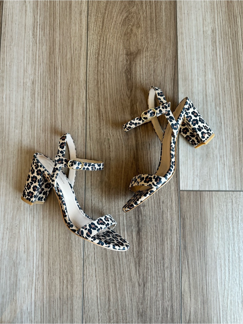 Stuart Weitzman Leopard Print Block Heel Sandals in Tan and Black - Picture 2 of 11